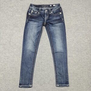Miss Me Ankle Skinny Jeans Womens 24 Blue Medium Wash Rhinestone Embroidered Y2K